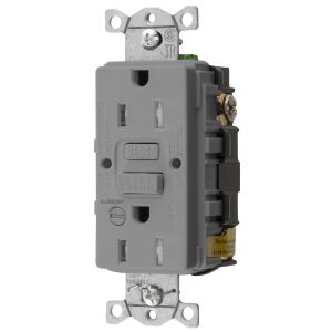 HUBBELL WIRING DEVICE-KELLEMS GFTRST15GYB Gfci Receptacle, 15A 125V, 5-15R, With Alarm, Gray | BD4CTC