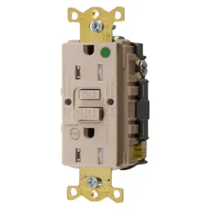 HUBBELL WIRING DEVICE-KELLEMS GFTRST82ALB Gfci Receptacle, 15A 125V, 5-15R, Leaded, Almond, With Alarm | BD4ARE