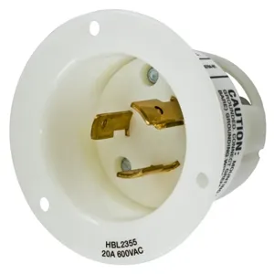 HUBBELL WIRING DEVICE-KELLEMS HBL2355 Flanged Inlet, 20A, 600VAC, 2-Pole, 3-Wire Grounding, Screw Terminal, White | CE6TAD