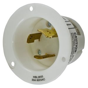 HUBBELL WIRING DEVICE-KELLEMS HBL2655 Flanged Inlet, 30A, 600VAC, 2-Pole, 3-Wire Grounding, Screw Terminal, White | AC8QKM 3D637