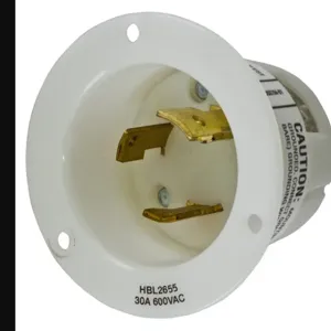 HUBBELL WIRING DEVICE-KELLEMS HBL2655 Flanged Inlet, 30A, 600VAC, 2-Pole, 3-Wire Grounding, Screw Terminal, White | AC8QKM 3D637