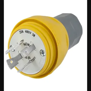 HUBBELL WIRING DEVICE-KELLEMS HBL26W76 Plug, 20A, 3 Phase, 480VAC, 3 Pole, 4 Wire, Thermoplastic Elastomer, Yellow | AH8XML 39AW37