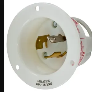 HUBBELL WIRING DEVICE-KELLEMS HBL3325C Flanged Inlet, 20A, 125/250V, 3-Pole, 3-Wire Non-Grounding, White | AC8PYG 3D107