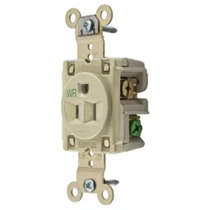 HUBBELL WIRING DEVICE-KELLEMS HBL5261IWR Straight Receptacle, 15A 125V, 2- Pole 3-Wire Grounding, 5-15R, Ivory, 1 Pk | BD3KTV