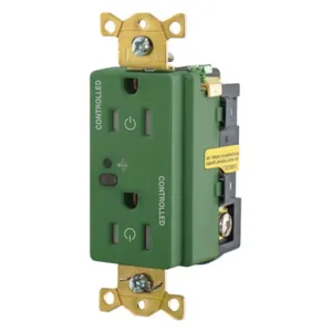 HUBBELL WIRING DEVICE-KELLEMS HBL5262RFC2GN Wireless Switched Receptacle, Fully Controlled, 15A, 125V, 2-Pole, Green | BD4NJE