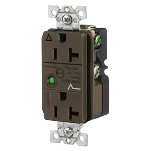 HUBBELL WIRING DEVICE-KELLEMS IG5362BRSA Duplex Receptacle, 20A 125V, Brown, With Light And Alarm | BC9GBX