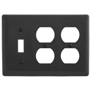 HUBBELL WIRING DEVICE-KELLEMS NP182BK Wallplate, Nylon, 3-Gang, 1 Toggle, 2 Duplex, Black | BD2XMQ