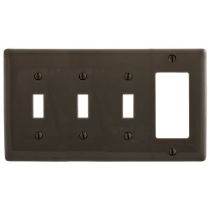 HUBBELL WIRING DEVICE-KELLEMS NP326 Wallplate, Nylon, 4-Gang, 3 Toggle, 1 Decorator, Brown | BC9MEC