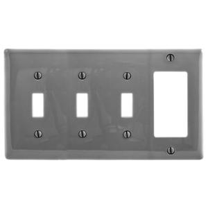 HUBBELL WIRING DEVICE-KELLEMS NP326GY Wallplate, Nylon, 4-Gang, 3 Toggle, 1 Decorator, Gray | BC9WBD