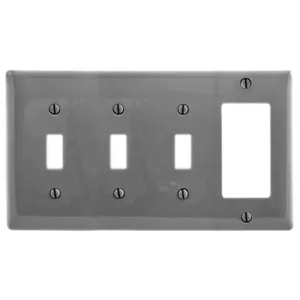 HUBBELL WIRING DEVICE-KELLEMS NP326GY Wallplate, Nylon, 4-Gang, 3 Toggle, 1 Decorator, Gray | BC9WBD