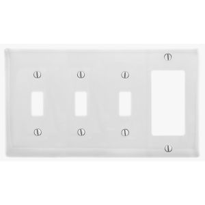 HUBBELL WIRING DEVICE-KELLEMS NP326W Wallplate, Nylon, 4-Gang, 3 Toggle, 1 Decorator, White | BC8ULG