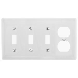 HUBBELL WIRING DEVICE-KELLEMS NP38W Wallplate, Nylon, 4-Gang, 3 Toggle, 1 Duplex, White | BC9HZH