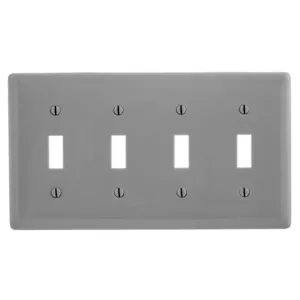 HUBBELL WIRING DEVICE-KELLEMS NPJ4GY Wallplate, Nylon, Mid-Sized, 4-Gang, 4 Toggle, Gray | BC7VMR