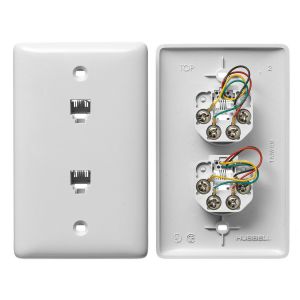 HUBBELL WIRING DEVICE-KELLEMS NS745W Midsized Plate With Two Jack, 6-Position 4-Conductor, Screw Terminal, White | CE6PUR