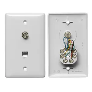 HUBBELL WIRING DEVICE-KELLEMS NS755W Plate, 1-Gang, Mid Sized, With F Connector, Jack, 6-Position 6-Conductor, White | CE6PUZ