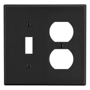 HUBBELL WIRING DEVICE-KELLEMS P18BK Duplex Receptacle Wall Plate, 2 Gangs, Black, Plastic, Smooth | CJ2BAB 55KU04