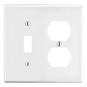 HUBBELL WIRING DEVICE-KELLEMS P18W Toggle Switch/Duplex Receptacle Wall Plate, 2 Gangs, White | CJ3QLL 55KR90