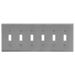 HUBBELL WIRING DEVICE-KELLEMS P6GY Toggle Switch Wall Plate, 6 Gangs, Gray, Plastic | CJ3QLF 55KT25