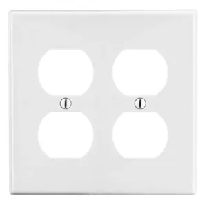 HUBBELL WIRING DEVICE-KELLEMS PJ82W Duplex Receptacle Wall Plate, 2 Gangs, Mid Size, White, Plastic | CJ2BAA 55KT64