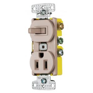 HUBBELL WIRING DEVICE-KELLEMS RC108AL Toggle Switch, Single Receptacle, 15A, 120VAC, Self Grounding, Almond | CE6RUE