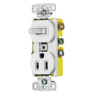 HUBBELL WIRING DEVICE-KELLEMS RC108W Toggle Switch, Single Receptacle, 15A, 120VAC, Self Grounding, White | BD6DEU