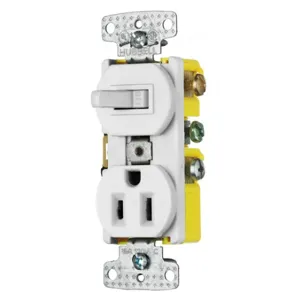 HUBBELL WIRING DEVICE-KELLEMS RC108W Toggle Switch, Single Receptacle, 15A, 120VAC, Self Grounding, White | BD6DEU