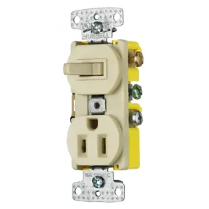 HUBBELL WIRING DEVICE-KELLEMS RC308I Toggle Switch, Three Way, Single Receptacle, 15A, 120VAC, Ivory | BC8WPE