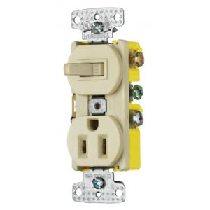 HUBBELL WIRING DEVICE-KELLEMS RC308ITR Toggle Switch, Three Way, Single Receptacle, 15A, 120VAC | BD2FKB
