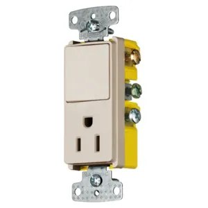 HUBBELL WIRING DEVICE-KELLEMS RCD108AL Rocker Switch, Single Pole, Single Receptacle, 15A, 120VAC, Side Wired, Almond | CE6RUM