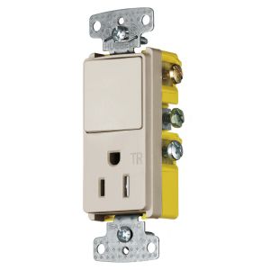 HUBBELL WIRING DEVICE-KELLEMS RCD108ALTR Rocker Switch, Single Pole, Single Receptacle, 15A, 120VAC, Side Wired, Almond | BD6DXZ