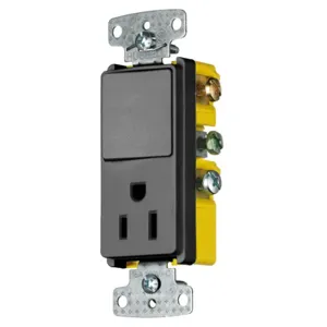 HUBBELL WIRING DEVICE-KELLEMS RCD108BK Rocker Switch, Single Pole, Single Receptacle, 15A, 120VAC, Side Wired, Black | BC7UVM