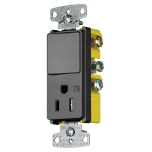 HUBBELL WIRING DEVICE-KELLEMS RCD108BKTR Rocker Switch, Single Pole, Single Receptacle, 15A, 120VAC, Side Wired, Black | BD2TVD