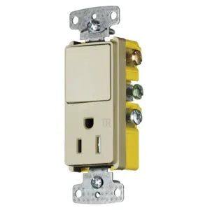 HUBBELL WIRING DEVICE-KELLEMS RCD108ITR Rocker Switch, Single Pole, Single Receptacle, 15A, 120VAC, Side Wired, Ivory | BC9CHC