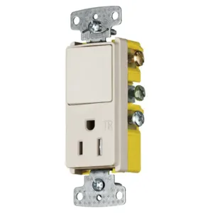 HUBBELL WIRING DEVICE-KELLEMS RCD108LATR Rocker Switch, Single Pole, Single Receptacle, 15A, 120VAC, Light Almond | BC8JZK