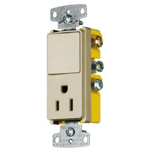 HUBBELL WIRING DEVICE-KELLEMS RCD108I Rocker Switch, Single Pole, Single Receptacle, 15A, 120VAC, Side Wired, Ivory | BC8PKU