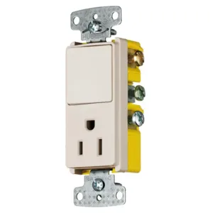 HUBBELL WIRING DEVICE-KELLEMS RCD108LA Rocker Switch, Single Pole, Single Receptacle, 15A, 120VAC, Light Almond | BD4ZEF