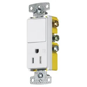 HUBBELL WIRING DEVICE-KELLEMS RCD108WTR Rocker Switch, Single Pole, Single Receptacle, 15A, 120VAC, Side Wired, White | BD4UEG