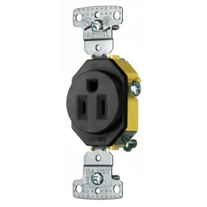 HUBBELL WIRING DEVICE-KELLEMS RR151BK Single Receptacle, Self Grounding, 15A, 125V, 2-Pole, Black | BD2DNW