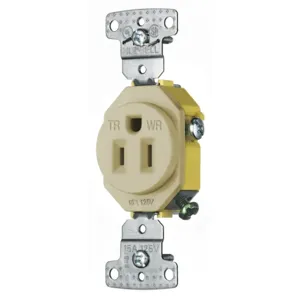 HUBBELL WIRING DEVICE-KELLEMS RR151IWRTR Single Receptacle, Weather And Tamper Resistant, 15A, 125V, 2-Pole, Ivory | BC9KLQ