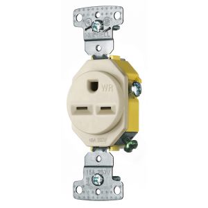 HUBBELL WIRING DEVICE-KELLEMS RR155LAWR Single Receptacle, Weather Resistant, 15A, 250V, 2-Pole, Light Almond | BC7WZG