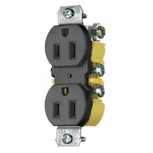 HUBBELL WIRING DEVICE-KELLEMS RR15KBKTR Duplex Receptacle, Tamper Resistant, Cut Ears, 15A, 125V, 2-Pole, Black | CE6RRM