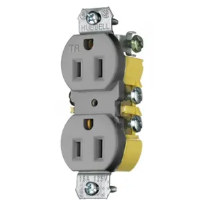 HUBBELL WIRING DEVICE-KELLEMS RR15KGYTR Duplex Receptacle, Tamper Resistant, Cut Ears, 15A, 125V, 2-Pole, Gray | CE6RRN