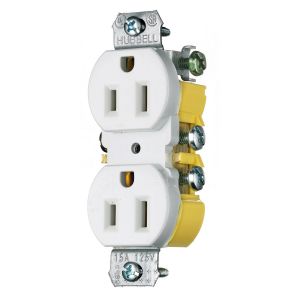 HUBBELL WIRING DEVICE-KELLEMS RR15KW Duplex Receptacle, Tamper Resistant, Cut Ears, 15A, 125V, 2-Pole, White | BC9AHQ