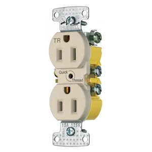 HUBBELL WIRING DEVICE-KELLEMS RR15QALTR Receptacle, Duplex, Quick Thread, 15A, 125V, 2-Pole, 3-Wire Grounding, Almond | CE6RRR