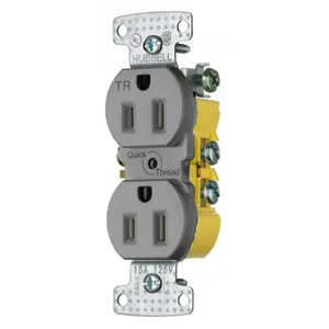 HUBBELL WIRING DEVICE-KELLEMS RR15QGYTR Duplex Receptacle, Tamper Resistant, Quick Plate, 15A, 125V, 2-Pole, Gray | CE6RRT