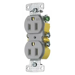 HUBBELL WIRING DEVICE-KELLEMS RR15SGYWRTR Duplex Receptacle, 15A, 125V, 2-Pole, Weather Resistant/Tamper Resistant, Gray | BC8CVD