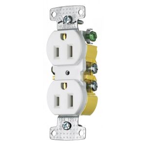 HUBBELL WIRING DEVICE-KELLEMS RR15SW Receptacle, Duplex, 15A, 125V, 2-Pole, Self Grounding, White | BD4XGV