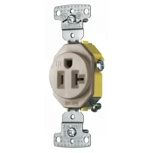 HUBBELL WIRING DEVICE-KELLEMS RR201ALTR Receptacle, Tamper Resistant Single, 20A, 125V, 2-Pole, Self Grounding, Almond | BC8FBB