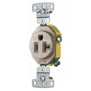 HUBBELL WIRING DEVICE-KELLEMS RR201ALWRTR Single Receptacle, Weather And Tamper Resistant, 20A, 125V, 2-Pole, Almond | BC9WEY