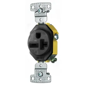 HUBBELL WIRING DEVICE-KELLEMS RR205BK Single Receptacle, Self Grounding, 20A, 250V, 2-Pole, Black | BD4ZEL